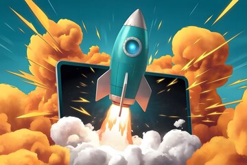 Launch Success Rocket Blasting Off From a Tablet, Symbolizing Startup, Business Growth, and Innovation