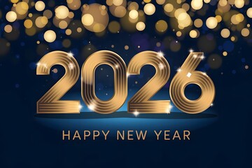 Happy New Year 2026 Celebration Golden Text with Bokeh Lights on Blue Background