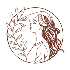 Elegant woman line art portrait with botanical leaves, minimalist beauty logo design.