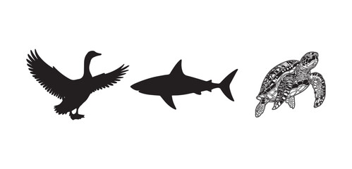  Goose, Shark, and Turtle Silhouettes Icon set – Wildlife Vector Illustration