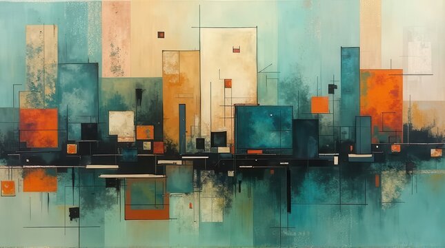 Modern abstract city skyline art evokes urban sophistication and creativity, perfect for adding a vibrant, creative touch to any space or project