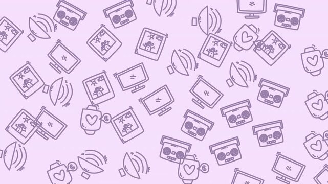 Seamless Pattern of Vintage Audio Devices and Love Symbols on Soft Pink Background, Graphic Design, Digital Illustration