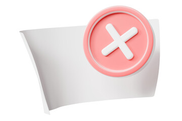Fototapeta premium 3d pink cross on paper icon. error cancel concept. Minimal cartoon cross x close remove for app ui notification banner. isolated on white background. 3d render.