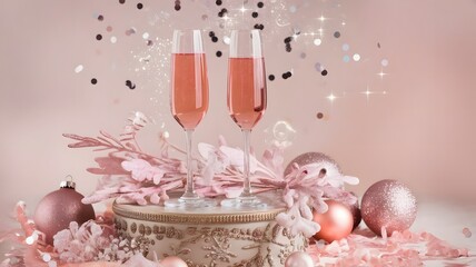 Elegant pink sparkling wine in flutes, surrounded by festive rose gold holiday decorations and shimmering glitter, perfect for sophisticated Christmas and New Year's celebrations