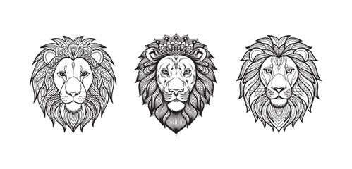 Lion face set- coloring page for the adults with mandala pattern on head © amsadiquesohel24