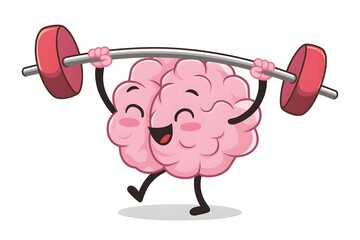 Brain Power A Cartoon Brain Character Lifts a Barbell, Illustrating Mental Strength and Cognitive Training