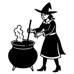 Mysterious witch brewing potion in cauldron vector illustration for halloween and fantasy designs silhouette White background