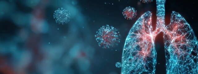 3D representation of human lungs with virus particles illustrating respiratory health and disease