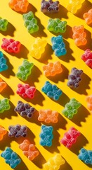 Colorful Gummy Bears on Yellow Background - Sweet Treat Delight.
