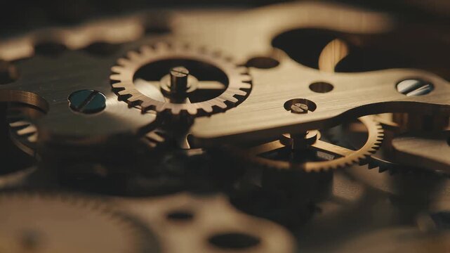 Close-up of mechanical watch gears moving and rotating in timepiece clockwork mechanism metal cogwheels precision engineering intricate machinery parts working vintage clock interior horology c
