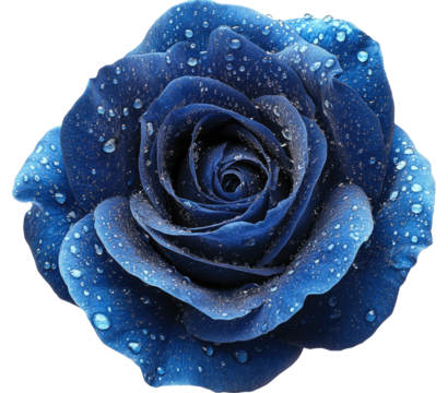 Sapphire rose blossom covered in delicate, shimmering water droplets