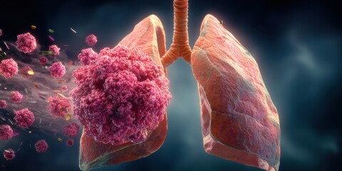 Lung infected by virus illustration showing harmful particles and immune response in a scientific style