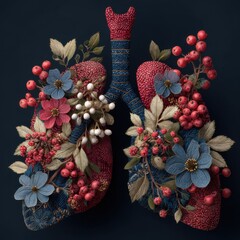 Artistic representation of lungs made from flowers and foliage, showcasing nature's beauty and human anatomy