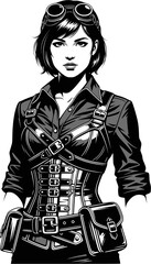 Naklejka premium Beautiful steampunk girl vector silhouette. Steampunk mechanic in monochrome. EPS version.
