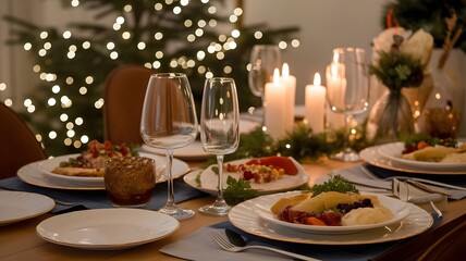 Festive Dinner Table Setting with Candles and Christmas Tree Background
