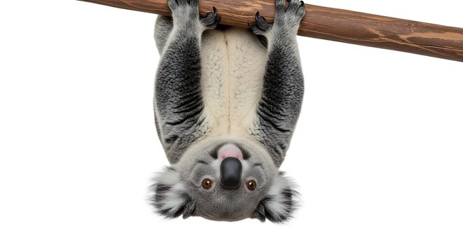 Koala Hanging Upside Down on Branch with Playful Expression.