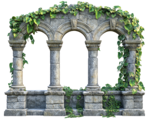 Stone arcade frame overgrown w/ vines, three arches, ancient look