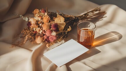 A still life composition featuring a delicate dried flower bouquet beside a clear glass of amber liquid, with a blank card bathed in warm sunlight