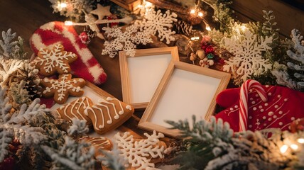 Cozy Christmas photo frames with gingerbread cookies and festive decorations, perfect for holiday memories