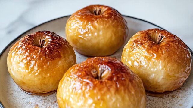 Enjoying perfectly baked apples with a golden glaze displayed on a white plate