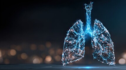 Digital art representation of human lungs with glowing lines and dots on a dark background