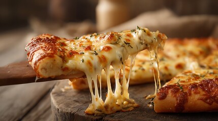 Delicious Pizza Slice Lifted with Wooden Spatula Shows Dripping Melted Cheese Close Up View