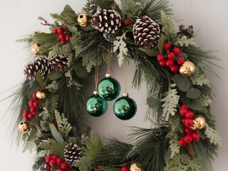 Festive Christmas Wreath with Green Ornaments, Pinecones, and Berries for Holiday Decorations