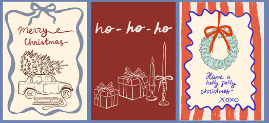  Christmas or New Year poster, greeting card, or postcard set. Retro vintage hand-drawn style. Doodle line art style. Hand-drawn ink drawing. Vintage car with a Christmas tree. Cozy style