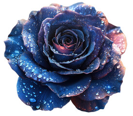 Vivid blue rose with water droplets, detailed petals, dark background