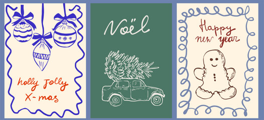  Christmas or New Year poster, greeting card, or postcard set. Retro vintage hand-drawn style. Doodle line art style. Hand-drawn ink drawing. Vintage car with a Christmas tree. Cozy style