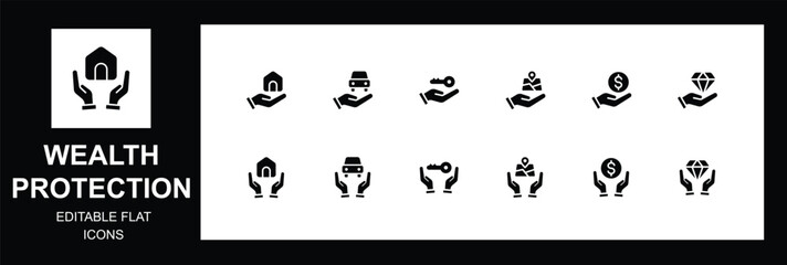 Wealth & Asset Protection flat Icon Set &ndash; Insurance, Finance, Property and Security, Editable flat. Vector illustration.