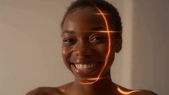 Plasma pen Affirmations mirror Light therapy wand Hyperpigmentation LED Face Mask Diolaze 5strands Neosensory Happier beauty Lumen5 Young woman smiling with illuminated orange lines moving in slow mo