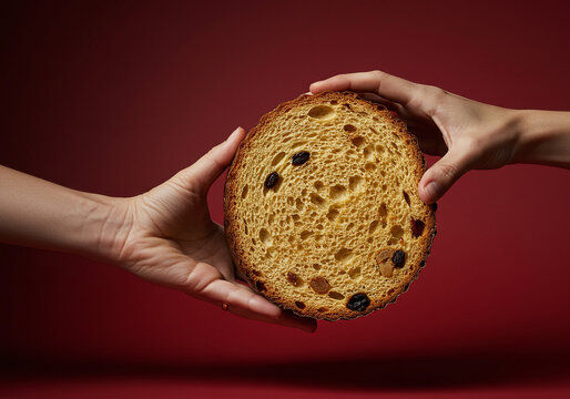 Delicious Panettone Slice held delicately, perfect for festive food promotions or holiday baking inspirations with a rich red background for emphasis
