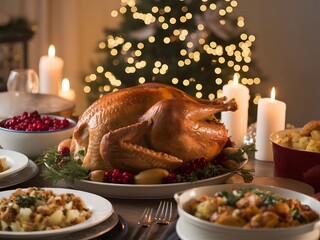 Festive roasted turkey centerpiece for a traditional holiday dinner with candles and decorated Christmas tree in the background