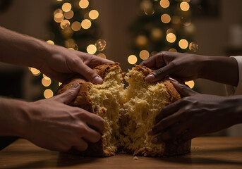 Joyful hands sharing delicious panettone bread together during the cozy Christmas holiday season with warm festive lights in the background