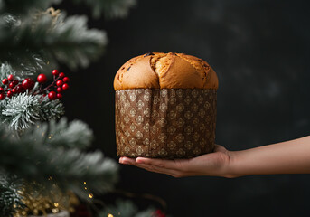 Warm holiday feelings holding a delicious panettone near a decorated tree, inviting Christmas cheer and sweet family moments for cozy celebrations