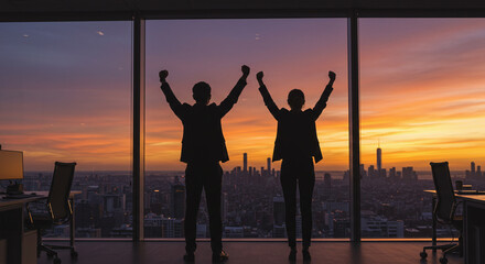 Victorious business team celebrating success against stunning city skyline sunset view from modern office, symbolizing achievement and corporate triumph
