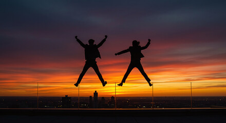 Silhouetted business people jump with joy atop a skyscraper against a vibrant sunset cityscape, celebrating success and achievement with pure elation