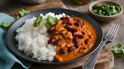 Hearty and aromatic Indian-style kidney bean curry served with fluffy white rice and fresh cilantro, a comforting and flavorful vegetarian dish