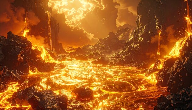 A fiery hellscape depicts a vast lava river coursing through jagged terrain under a blazing, cloud-filled sky. Molten rock dominates