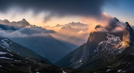 Majestic Peaks - A Breathtaking Mountain Landscape at Sunset.