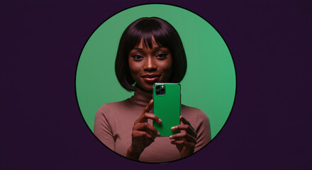 Stylish young woman sharing social media updates with her green phone against a vibrant backdrop, perfect for modern lifestyle and technology concepts