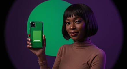 Stunning woman presents vibrant green phone app mock-up against modern purple backdrop, perfect for tech, lifestyle, and mobile marketing campaigns