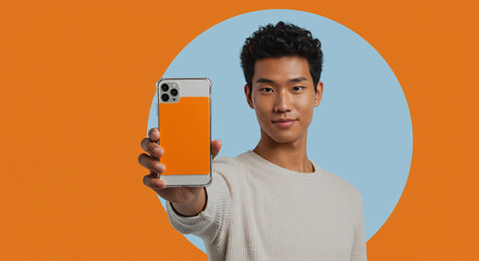 Modern Asian man showcasing vibrant orange smartphone for mobile technology promotion or app advertisement with a clean, eye catching design