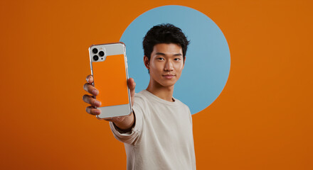 Young Asian man showcasing new phone design on orange background, perfect for tech reviews or modern lifestyle product promotions, vibrant and eye catching