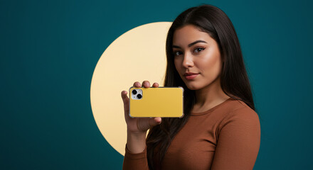 Stunning brunette showcasing new smartphone with vibrant yellow case against modern teal background, perfect for tech and lifestyle advertising campaigns