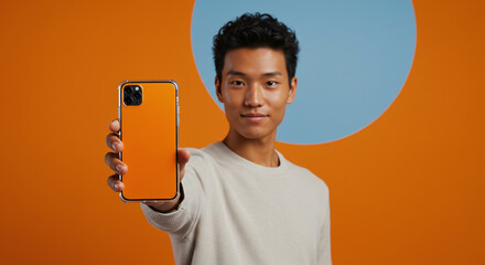 Modern young man showcasing new smartphone app on vibrant orange background, perfect for tech reviews and product demos for Gen Z consumers