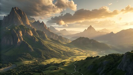 Jagged high-altitude mountains glowing under golden sun, clouds casting long shadows, green valleys below, cinematic aerial view, ultra detailed nature scene