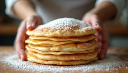Person holds stack of freshly baked puff pastry layers on wooden board. Layers are dusted with powdered sugar. Pastry sheets are golden brown, flaky. Person wears white uniform, stands in kitchen.