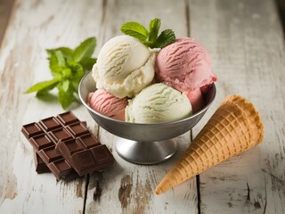 Three scoops of creamy strawberry, vanilla, and mint ice cream in a metal bowl with dark chocolate, fresh mint, and a waffle cone on a rustic wooden table